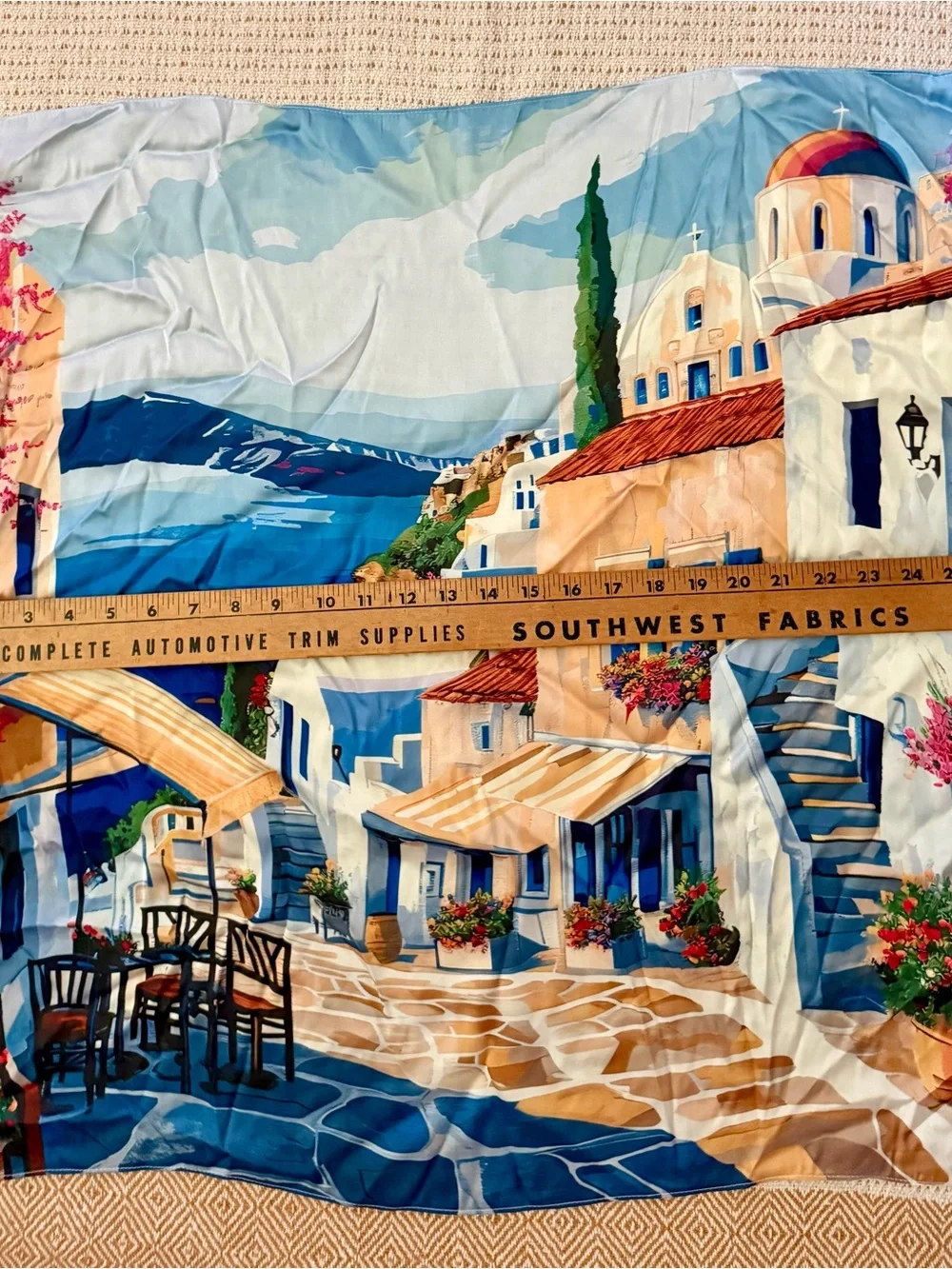 Souvenir Scarf Depicting a Mediterranean Street Scene. NWOT